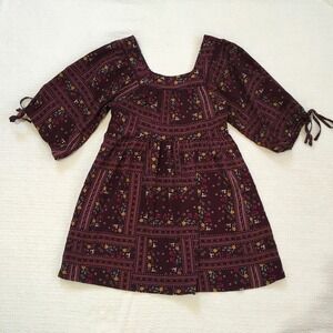 Boho Cottage Burgundy Floral Patchwork Square Neck Tie Sleeve Mini Dress XS